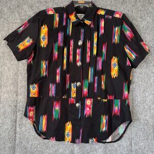 Vintage Southwestern Shirt Womens Size 14 Tribal Aztec Metal Button Pleated‎